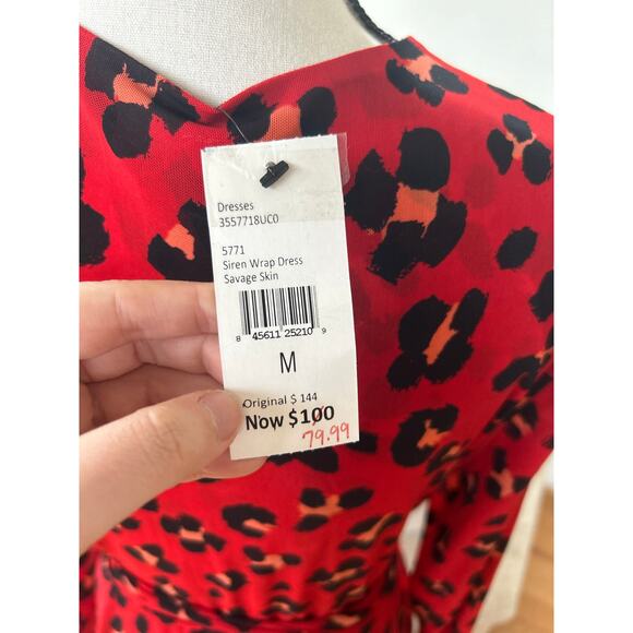 NWT Cabi Siren Wrap Dress Red Leopard Print Midi Long Sleeve - Picture 7 of 8